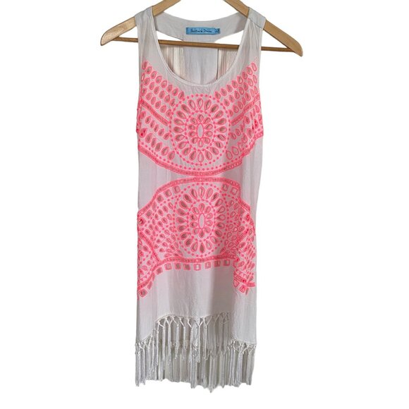 Solitaire Swim women's small pink and white racerback fringed swimsuit cover-up - Picture 1 of 12